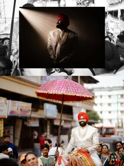A collage showing the groom's portrait and his grand baraat entrance on a horse, capturing the energy of a Punjabi wedding.
