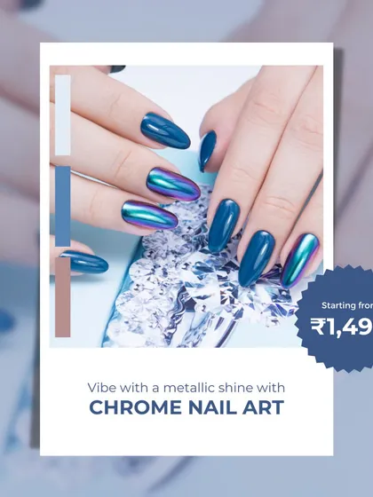 Vibe with a metallic shine. Our chrome nail art service gives your nails a futuristic, liquid-metal finish that is guaranteed to turn heads.