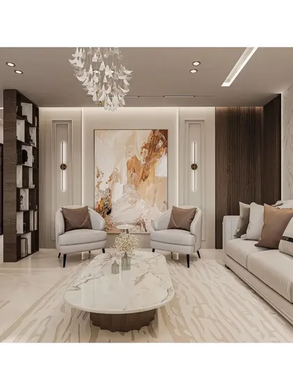 This modern living room design focuses on a calm, neutral palette and luxurious textures. I combined a plush sofa with elegant armchairs, a marble coffee table, and abstract art to create a space that is sophisticated, comfortable, and perfect for contemporary family life.