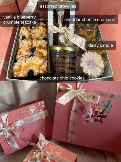 This view shows both the contents of the hamper and the elegant pink boxes they come in. I make sure the presentation is just as delightful as the treats inside.