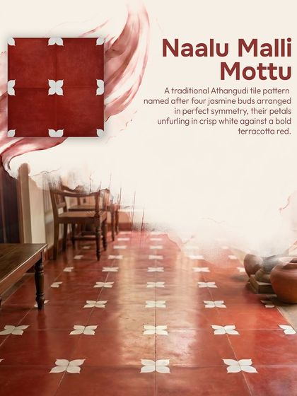 This traditional Athangudi pattern is named 'Naalu Malli Mottu' after four jasmine buds. Arranged in perfect symmetry, their petals unfurl in crisp white against a bold terracotta red, creating a simple yet beautiful floor.