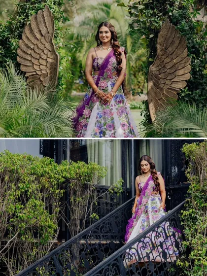 A collage showing the bride in different parts of the venue, highlighting her stunning outfit and the beautiful decor.
