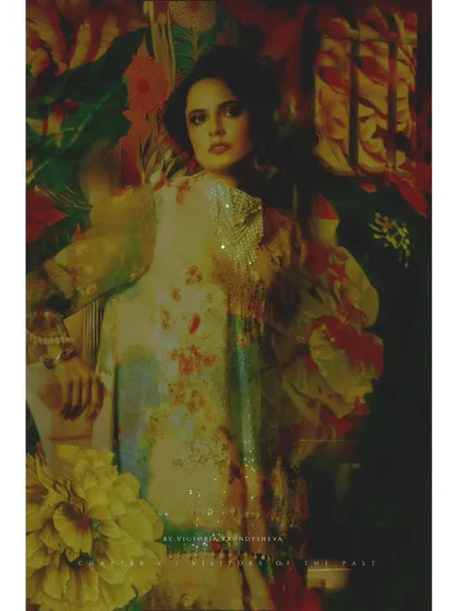 A multi-layered image from Chapter 5, where the model is immersed in a collage of floral patterns. The styling is almost camouflaged, symbolizing how memories can consume the present.