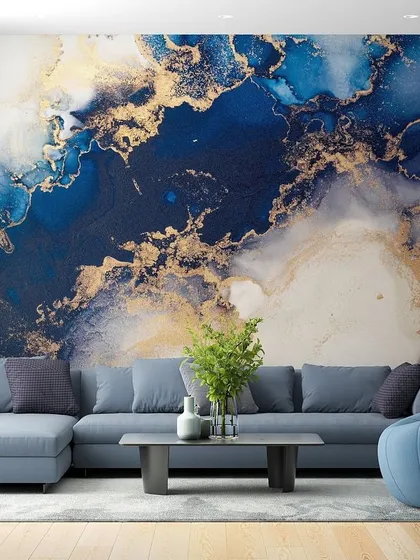 Another look at the stunning blue and gold liquid art wallpaper, showcasing its vibrant colors and luxurious feel in a modern living room.