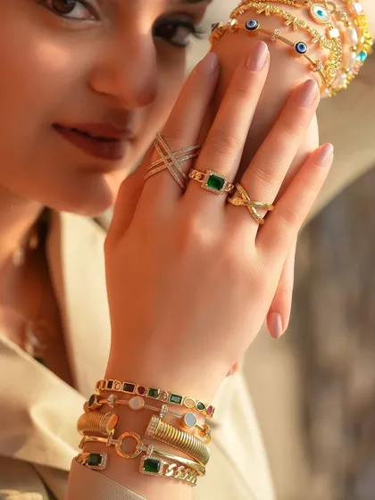 Emeralds and gold just go together. This is one of my favorite looks, featuring a stack of emerald and multi-gemstone bangles paired with matching rings.
