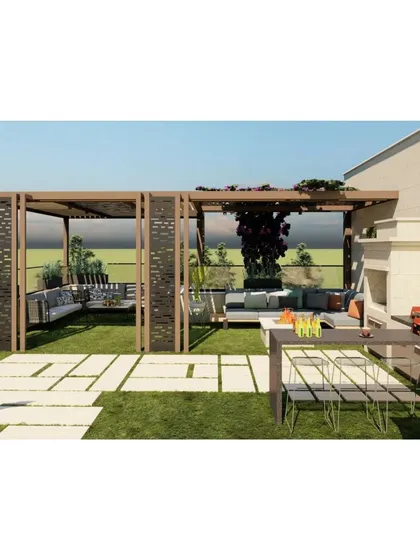 This rooftop design includes a full outdoor kitchen and bar setup, alongside multiple seating areas under pergolas, creating the ultimate space for entertaining.