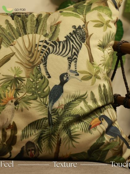 A detailed close-up of the vibrant, custom-printed fabric on one of our cushions. We offer a wide selection of high-quality outdoor fabrics to help you perfect your outdoor aesthetic.