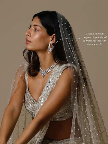 Delicate diamond drop earrings designed to frame the face with subtle sparkle, paired with a matching necklace and a pearl-studded veil.