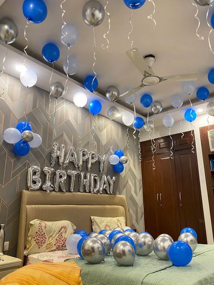 The full birthday room setup, with balloons filling the space to create an exciting and celebratory atmosphere.