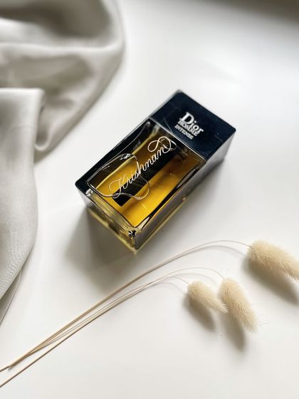 A 'His' gift, this Dior Homme Intense bottle is personalized with an engraved name. It's part of a 'His & Her' set leaving my studio.