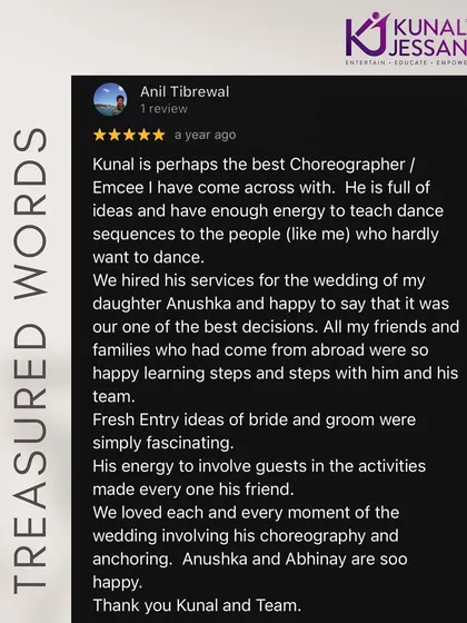 "He is full of ideas and has enough energy to teach people who hardly want to dance." This review from the bride's father perfectly sums up my approach as both an emcee and choreographer.