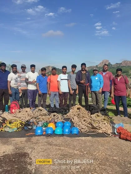 A team of climbers from our Basic Rock Climbing Course poses with their gear at Ramanagara. This image captures the spirit of achievement and friendship forged through shared challenges and adventure.
