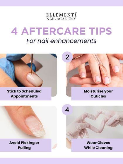 Four essential aftercare tips for nail enhancements: stick to scheduled appointments, moisturize your cuticles, avoid picking, and wear gloves while cleaning.