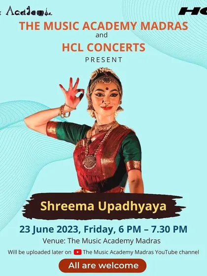 The official announcement for my solo Bharatanatyam performance at The Music Academy Madras, presented by HCL Concerts. It's always an honor to perform on this stage.