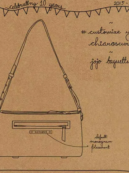 An illustration showing the default monogram placement for our Jojo Baguette. We typically place it on the back pocket, but since our bags are made to order, we can easily move it to the front or inside if you prefer.