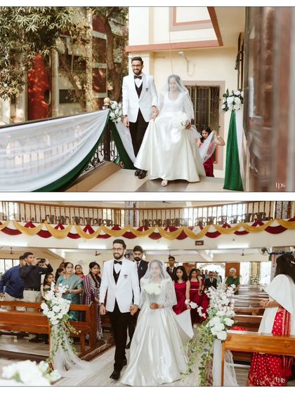 A collage showing the couple's exit from the church and their procession down the aisle, surrounded by their loved ones. The simple white and green decor on the railings and pews added a touch of natural beauty.
