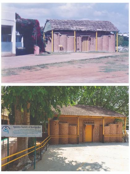 A comparison of the Spastic Society classroom shortly after construction and how it looks today. The original thatch roof has been replaced with terracotta tiles, but the earth block structure remains strong, a testament to sustainable design.