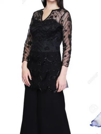 A chic and modern all-black Indo-Western palazzo set. The top features sheer sleeves and delicate beadwork, making it a versatile outfit for parties and evening events.