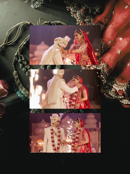 A collage showing the key moments of the Varmala ceremony. From the playful lift to the final exchange, these shots tell the story of this joyous ritual for Isha and Milind.