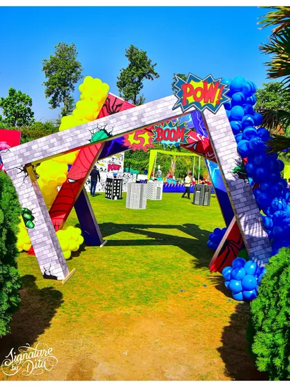Another view of the dynamic entrance arch for the Avengers party, showing how it frames the entire event space and builds excitement for the guests as they arrive.
