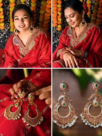 A collage featuring the 'मणिकर्णिका' (Manikarnika) earrings. See how they can be the centerpiece of a festive or bridal look.
