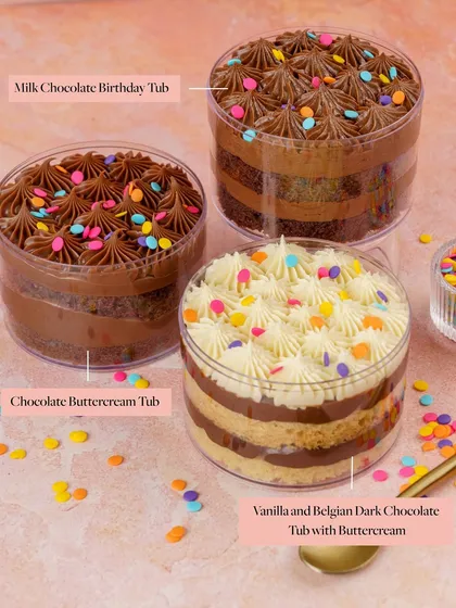 All the nostalgia of old-school birthday parties, now in a personal cake tub. I offer three classic egg-free flavors: Chocolate Buttercream, Milk Chocolate Birthday, and Vanilla with Belgian Dark Chocolate, all finished with rainbow confetti for that extra bit of joy.