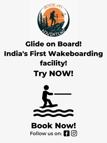 A simple graphic inviting you to try India's first wakeboarding facility. We make booking easy so you can get straight to the action.