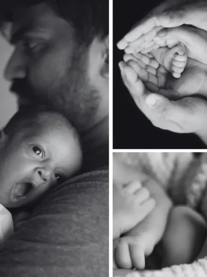 A black and white collage that emphasizes the emotion and details of a newborn session. It features a father holding his baby, tiny feet in loving hands, and the simple, profound connection of a new family.