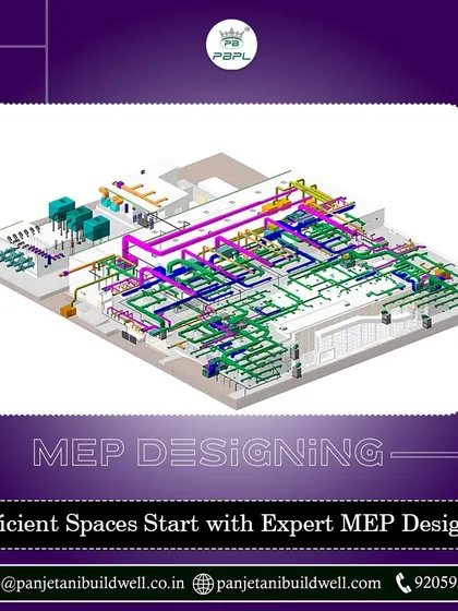 Efficient spaces start with expert MEP design. This graphic displays a complex 3D model of a building's Mechanical, Electrical, and Plumbing systems, showcasing our technical capability in engineering the vital infrastructure of a project.