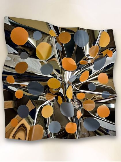 In "M132," warm orange and cool grey polka dots dance across the fluid steel folds, creating a sophisticated yet playful energy.