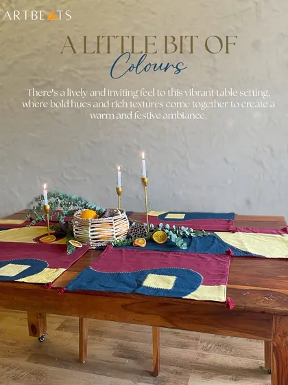Color has the power to change the energy of a room. This tablescape features a set of my abstract placemats, where bold, warm hues and rich textures come together. Crafted from soft khadi, they are designed to create a lively and inviting atmosphere for your gatherings.