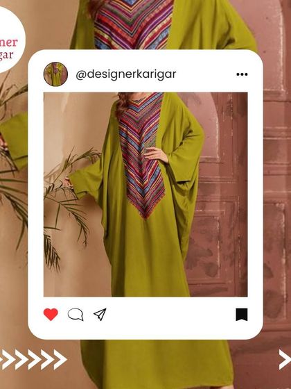 A comfortable and stylish olive green kaftan with a colorful, embroidered chevron pattern on the neckline.