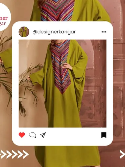 A comfortable and stylish olive green kaftan with a colorful, embroidered chevron pattern on the neckline.