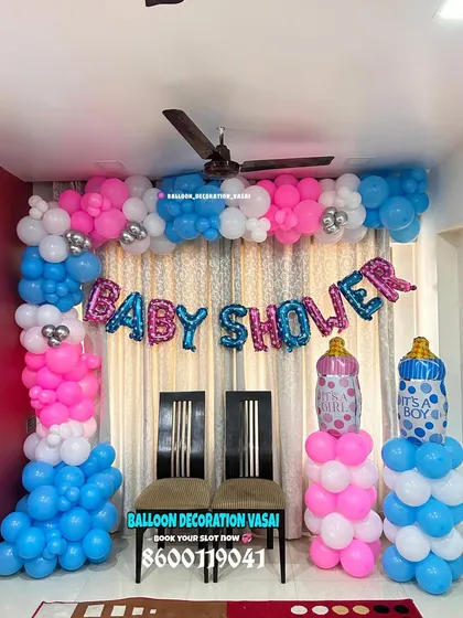 This setup is another great example of a compact home decoration. By adding balloon pillars shaped like baby bottles, I can enhance the theme and create a fuller look.