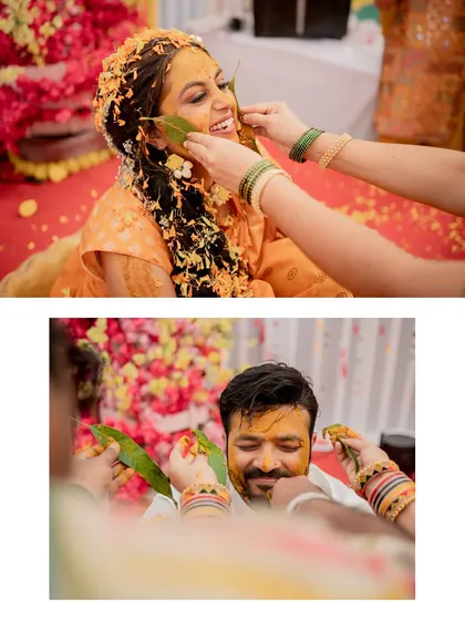 A collage showing both the bride and groom having haldi applied by their loved ones, a beautiful parallel of the tradition.