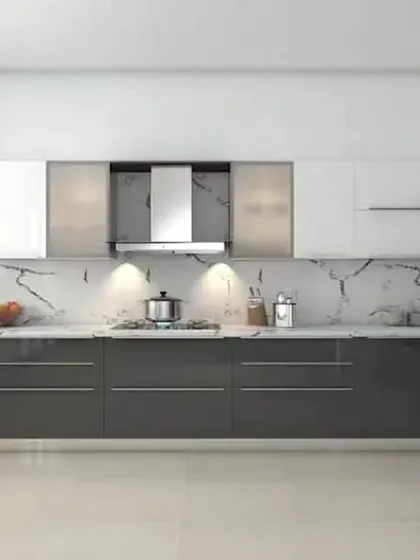 This straight kitchen exemplifies modern minimalism with its two-tone grey and white handleless cabinets. The dramatic marble-patterned backsplash extends from the countertop to the ceiling, creating a seamless and luxurious focal point.