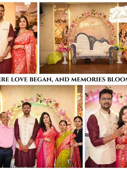 This collage captures the essence of an engagement celebration with us. It shows the happy couple, precious moments with family, and a closer look at the elegant stage decor, telling a complete story of their special day from start to finish.