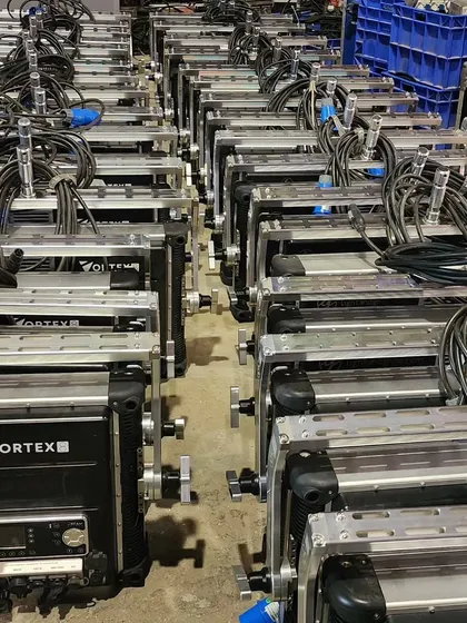 A look at just a fraction of our Creamsource Vortex 8 inventory being prepped for a large-scale commercial shoot. Having dozens of these powerful, weatherproof LED fixtures on hand means we are ready for any demand, in any condition.