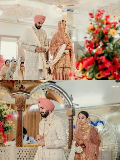 A collage showing the couple during the Anand Karaj ceremony in the Gurudwara, capturing their reverence and the peaceful atmosphere of the holy space.