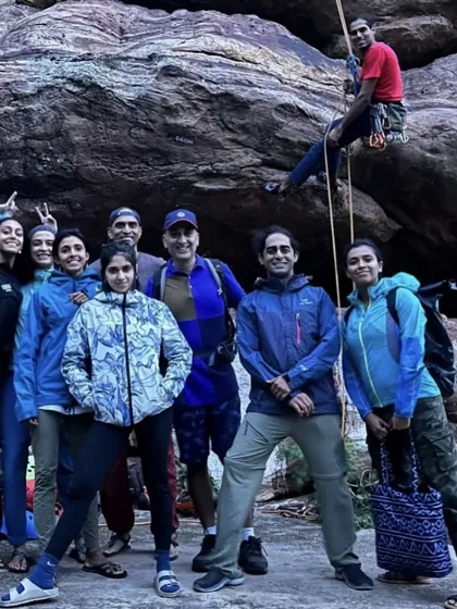 Rahul and his climbing crew, a perfect example of the camaraderie and fun that defines our group climbs. The photobombing climber on the rope adds to the charm.