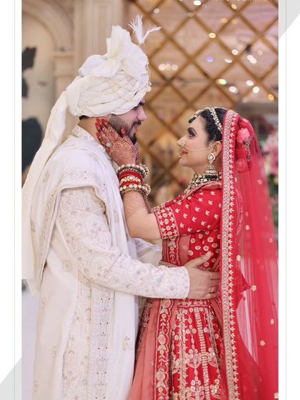 An intimate couple portrait, capturing a moment of love and connection. The bride's makeup is soft and romantic.