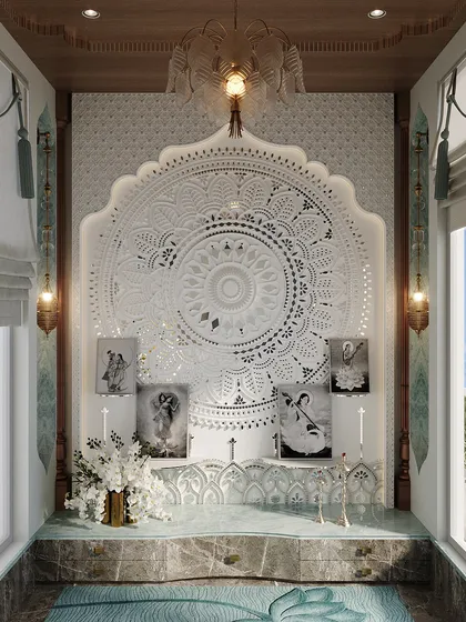 A closer view of the mandir shows the intricate detailing on the jali backdrop and the marble base. Framed by windows on both sides, the space is designed to be a bright and peaceful heart of the home.
