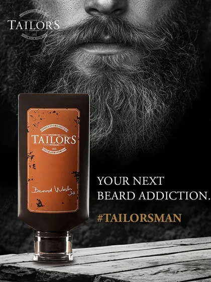An advertisement for Tailor's Beard Wash, part of the men's grooming range we carry. It's your next beard addiction.