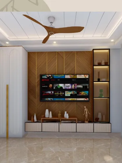 A 3D concept for a living room TV unit. The design combines a wood-paneled feature wall with a minimalist console and an illuminated display shelf for a modern and sophisticated look.