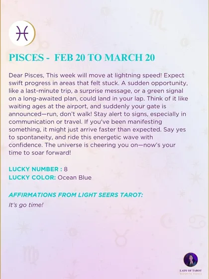This week's tarot reading for Pisces. Expect swift progress in areas that felt stuck. Say yes to spontaneity and ride this energetic wave with confidence.