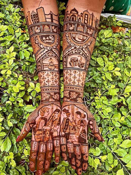 This design tells a love story that started in Mumbai and blossomed in Bangalore. We included the skylines of both cities, their favorite cafe, and traditional wedding elements like the dhol and kalash.