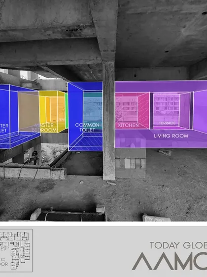 A complete floor plan visualization for a 2BHK flat in the 'Aamod' project. This diagram clearly communicates the proposed layout to both the client and the construction team.