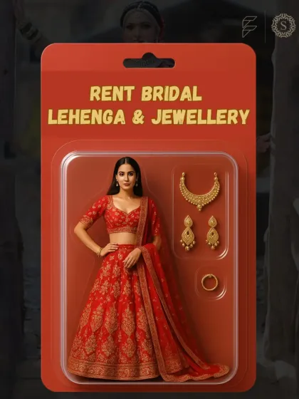 Our rental bridal lehengas and jewellery are like a real-life doll set. This creative graphic shows how you can get the complete, perfect look, all ready for your big day.