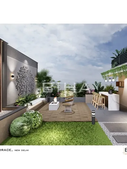 Our design proposal for a New Delhi terrace, featuring a central fire pit for warmth and ambiance. The space is zoned with a custom bar, comfortable seating, and a striking metal art piece, demonstrating our ability to blend functional design with artistic elements.