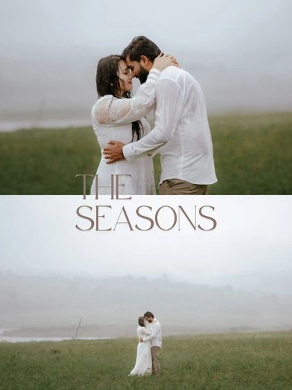 A layered collage from a rainy day shoot, titled "The Seasons," capturing the couple's embrace in the moody, atmospheric weather.